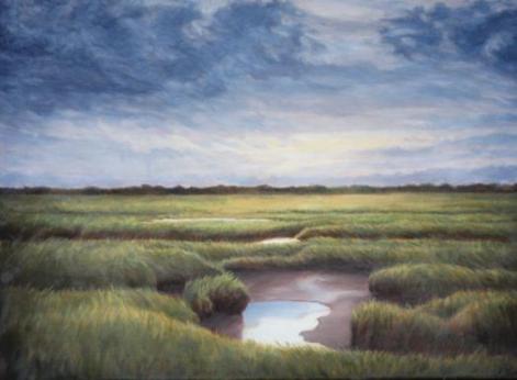 Katherine Kean Clouds Swirling Over the Great Marsh original contemporary landscape oil painting marsh sky green blue