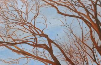 Passing Through - bare red brances. distant birds hazy blue sky - contemporary landscape painting by Katherine Kean