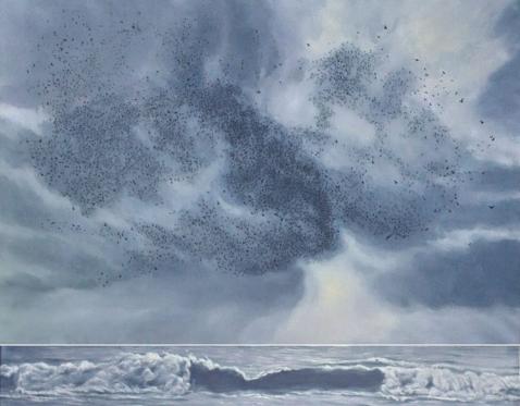 Kean, original oil painting, contemporary, gray blue, murmuration, phenomena, ocean, sky, wave, flocking bird storm, ethereal, two piece modular, large