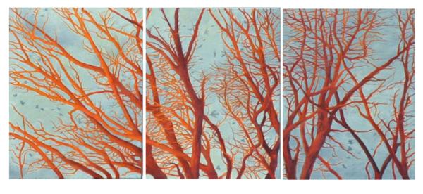Katherine Kean, Separation Anxiety, original oil painting, orange coral red, trees, branches, triptych, gray blue sky, birds, atmospheric, contemporary, luminous 