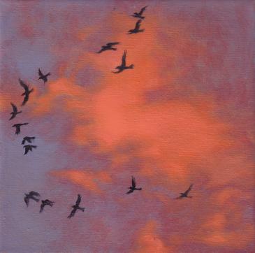 Katherine Kean, Bird by Bird 14, original oil painting, contemporary, red violet, clouds, birds, murmuration, phenomena, sky, flocking bird, modular, small