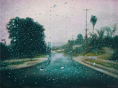 Katherine Kean Between the Drops original contemporary landscape oil painting raindrops road green